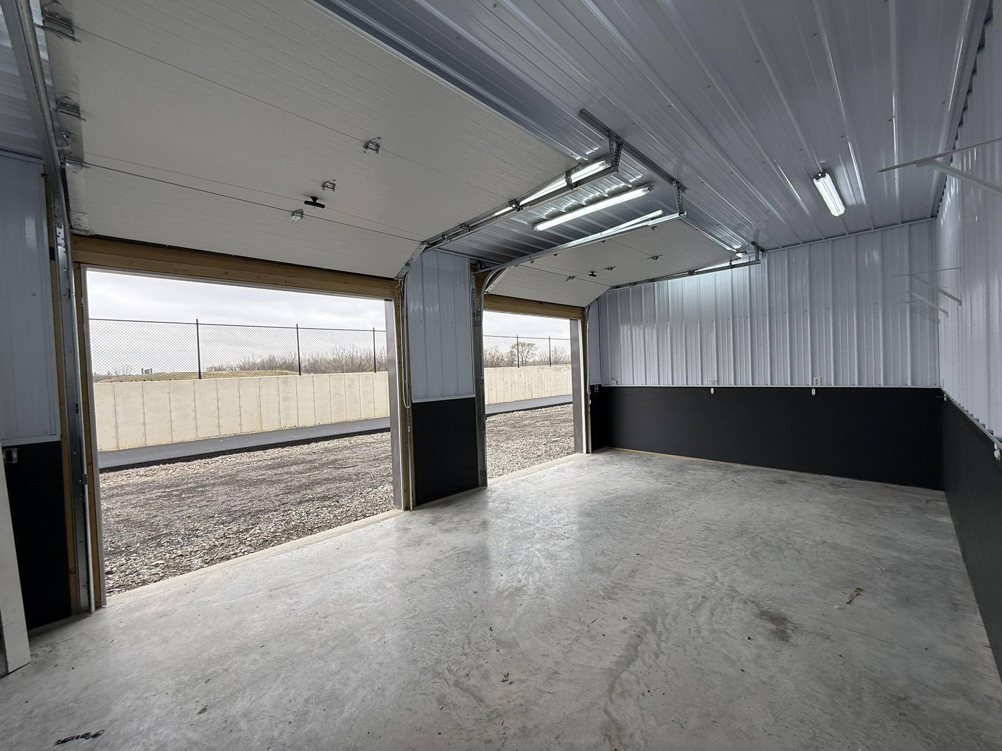 Kart garage interior view from inside looking out
